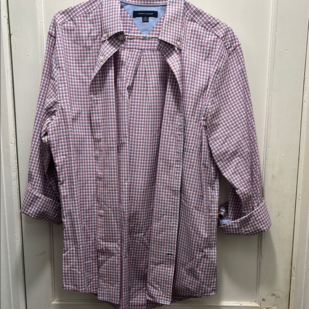 Tommy Hilfiger Men's Red and White Plaid Shirt